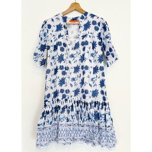 OLIPHANT || Smocked Drop Mini Dress in Marion Blue Block Print Floral White S